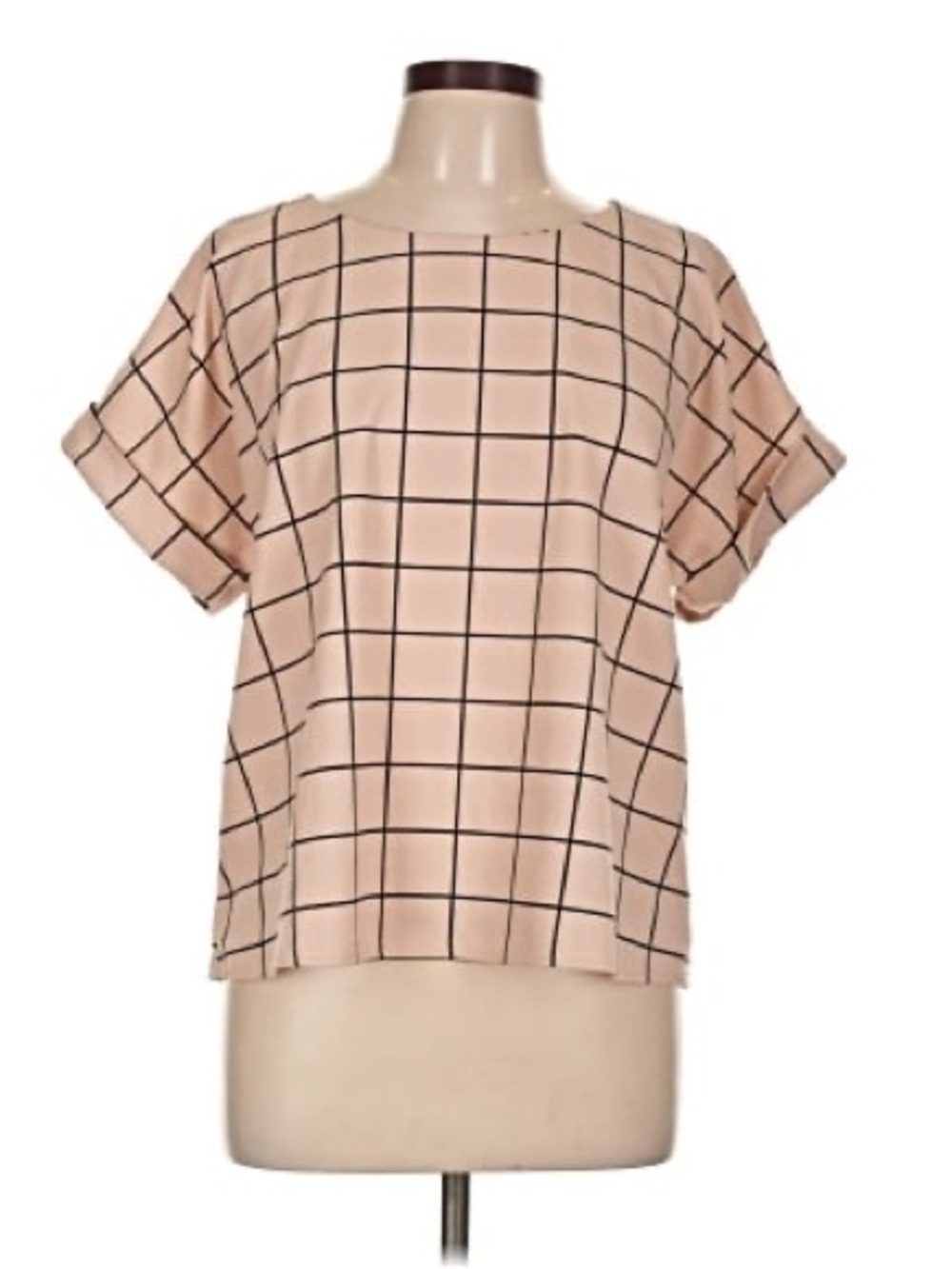 MELLODAY Beige Windowpane Short-Sleeve Blouse
